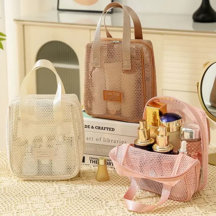 Sac de rangement en maille pour maquillage et articles de toilette
