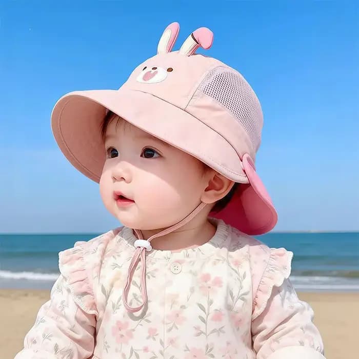Chapeau de plage pour bébé avec visière solaire, motif dessin animé, oreilles d'ours et de lapin, pour garçons et filles, casquette d'été respirante en maille, style Panama