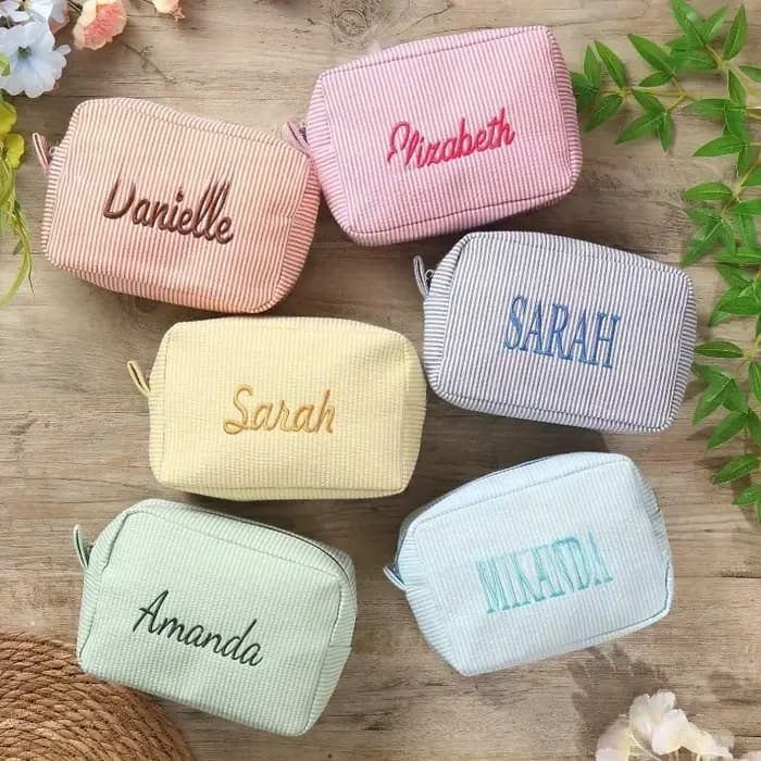 Trousse de toilette de voyage à rayures brodées personnalisées - Rangement cosmétique portable en polyester pour