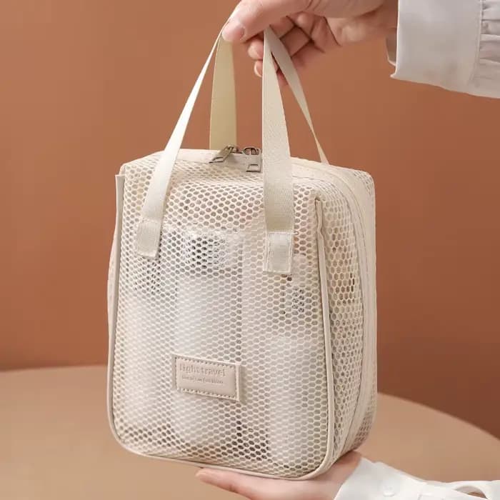 Sac de rangement en maille pour maquillage et articles de toilette