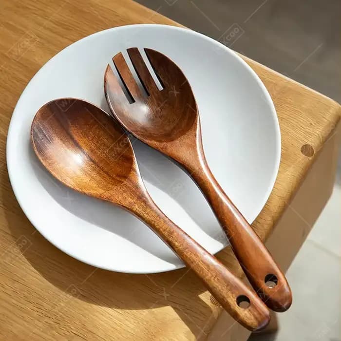 Cuillères à salade durables de 10 pouces, ensemble de couverts en bois d'acacia, mélangeur à salade, fourchette et cuillère, serviteurs à salade, ustensiles de cuisine, 2 pièces