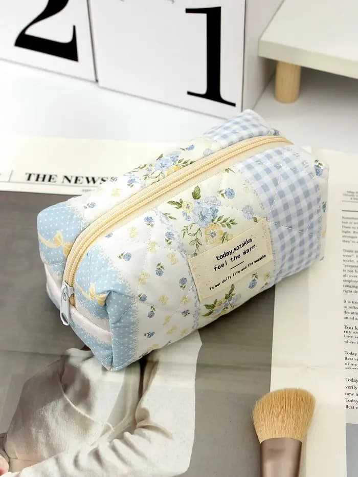1 pièce/ensemble trousse de maquillage matelassée patchwork bleu
