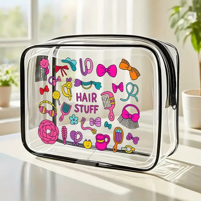 Trousse à cosmétiques transparente. Adorable design de cheveux pour les voyages