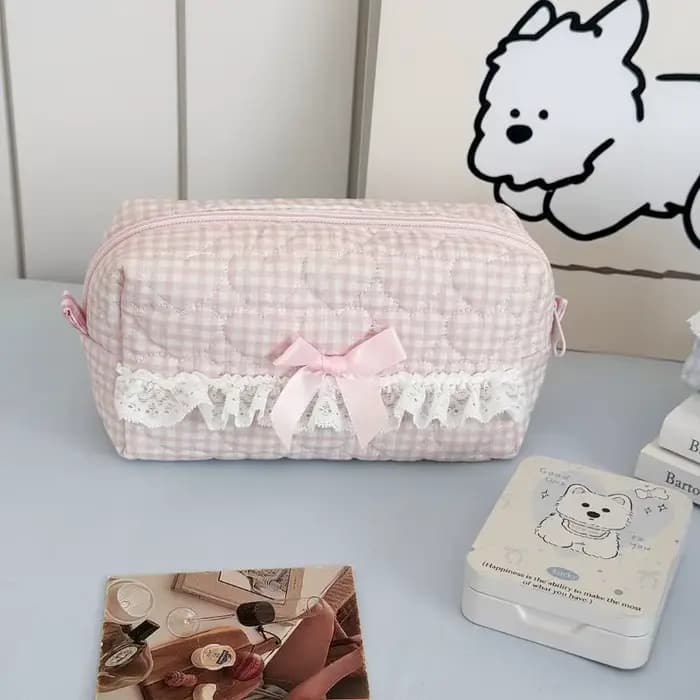 Trousse à crayons en dentelle à carreaux rose et bleu