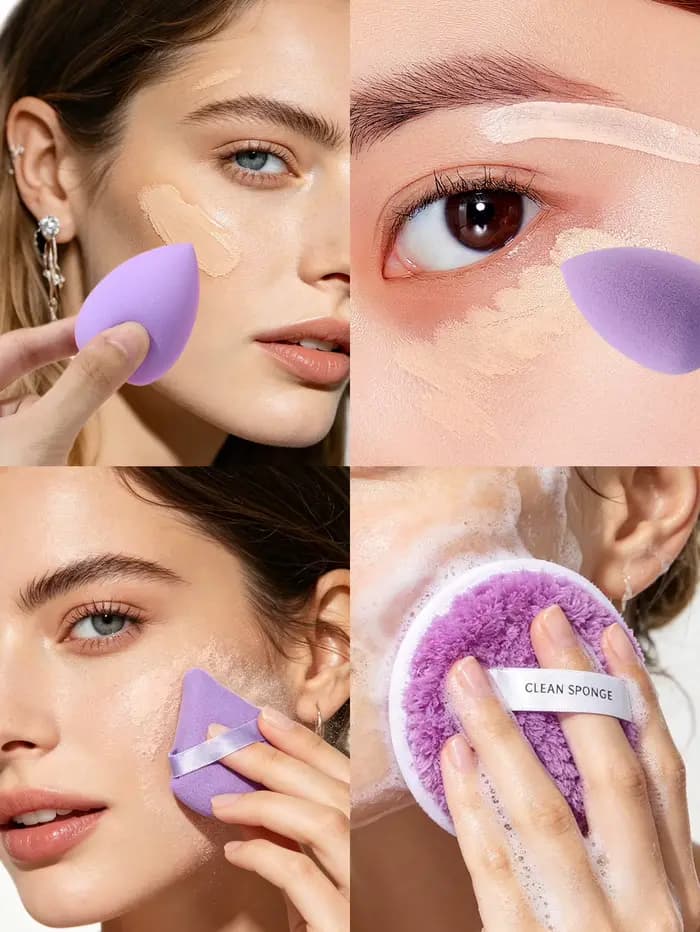 Ensemble d'éponges de maquillage violettes avec boîte de rangement