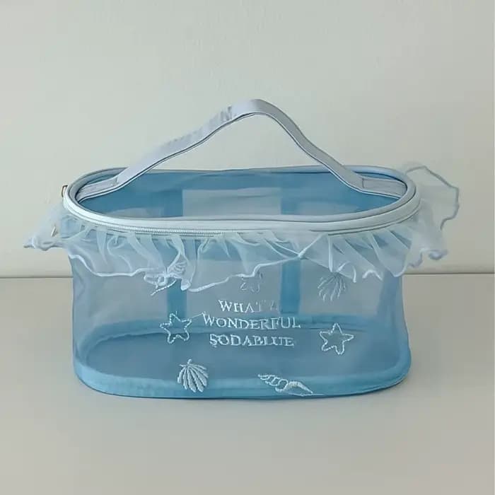Trousse de Maquillage en Tissu Oxford Bleu Brodé avec Bord Volanté