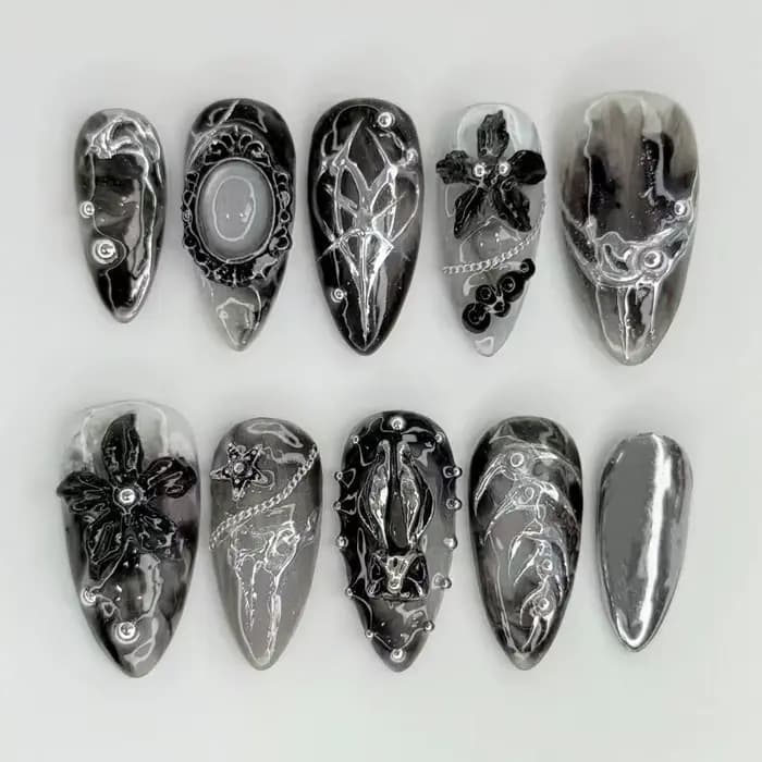 24 pièces faux ongles fille épicée arc argenté avec diamant