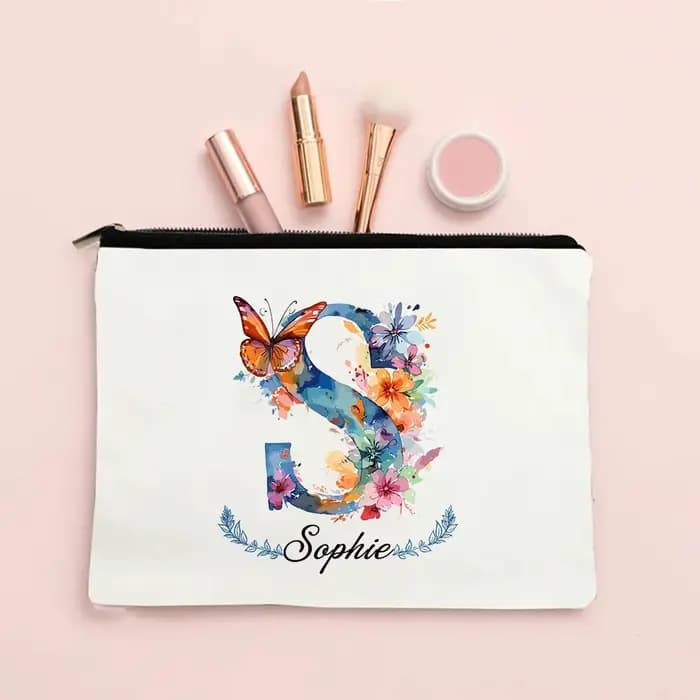 Pochette de maquillage personnalisée avec initiale et nom pour femmes