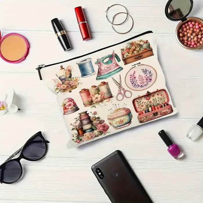 Trousse de Maquillage Thème Machine à Coudre Cousue Main