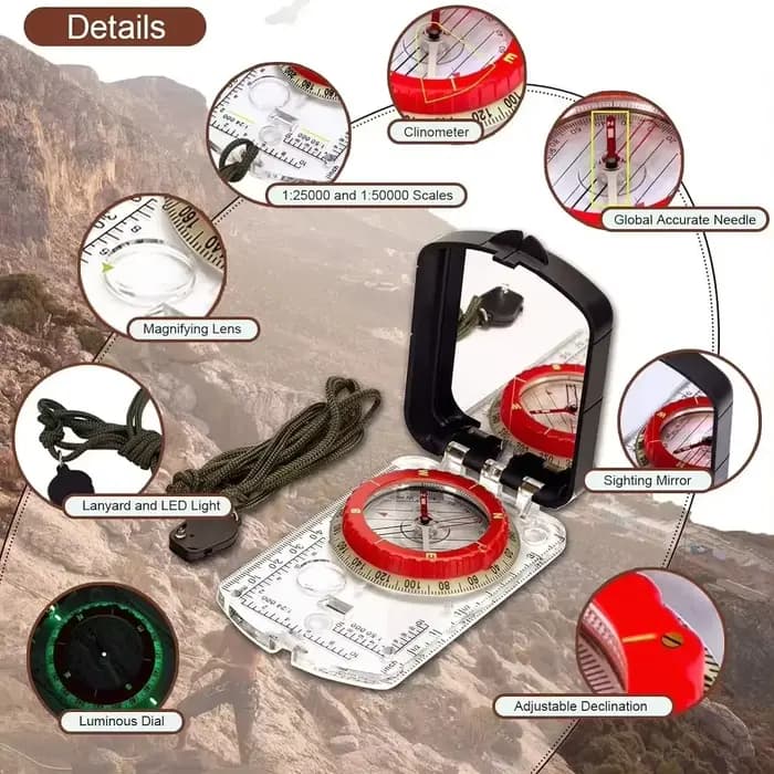 Boussole de visée à miroir inclinable réglable avec veilleuse pour la randonnée, la lecture de cartes, le Camping, la survie, la chasse et l'alpinisme