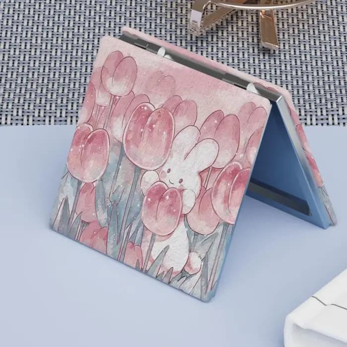 Miroir de maquillage pliant carré à motif rose
