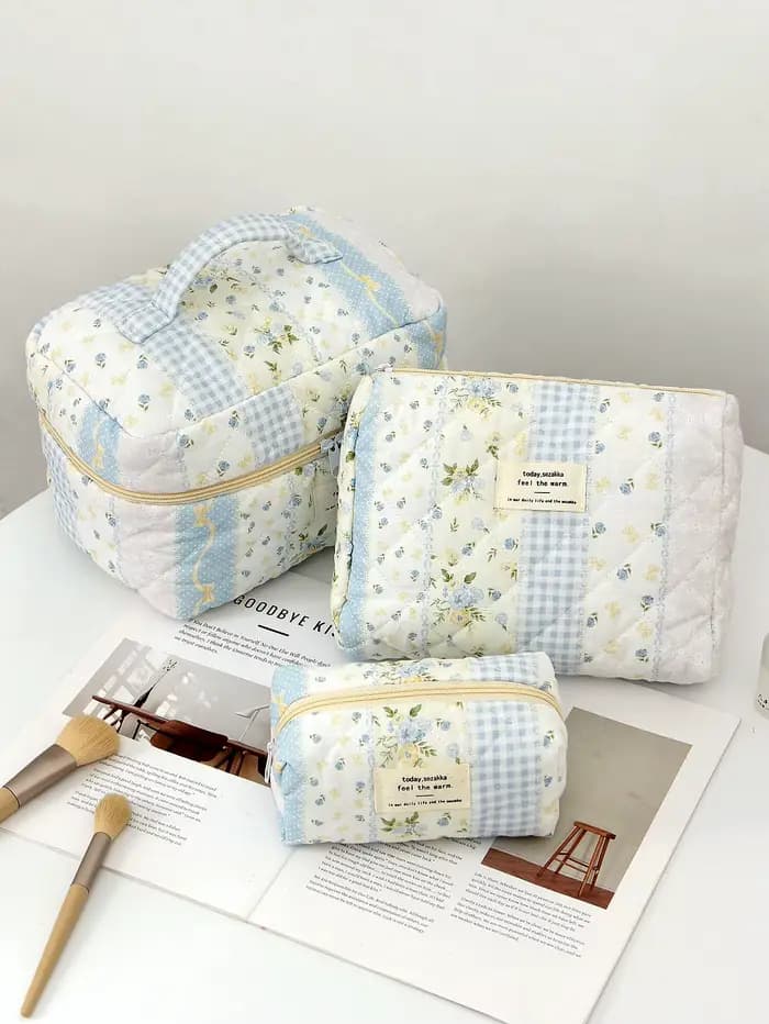 1 pièce/ensemble trousse de maquillage matelassée patchwork bleu