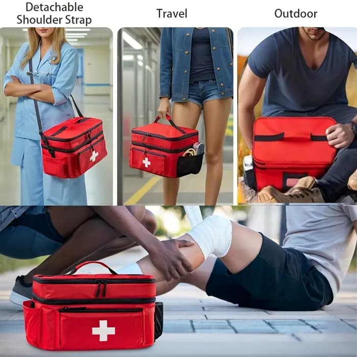 Sac de rangement de médicaments de voyage de grande capacité, kit d'urgence portable, conception à double couche, pochette avant, plusieurs façons de transporter.