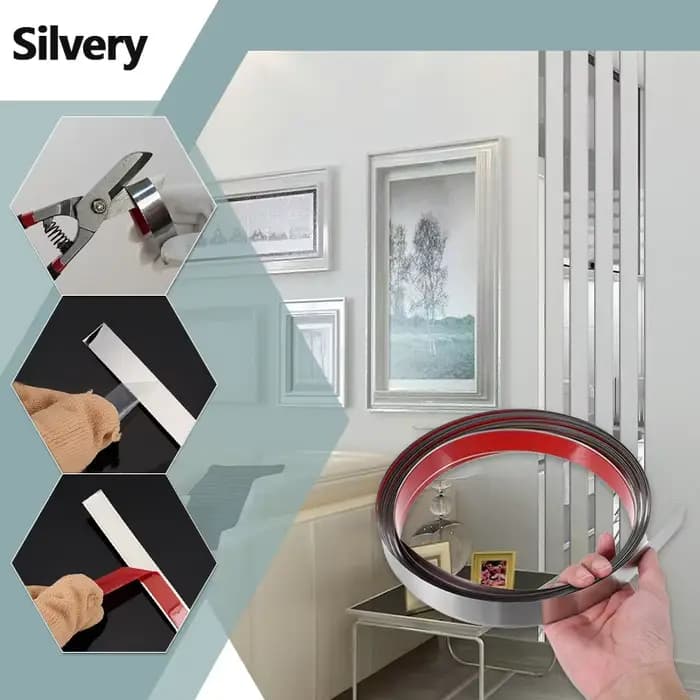 Bande adhésive en acier inoxydable de 12 mètres, style moderne, surface lisse, décoration murale et de plafond intérieure.