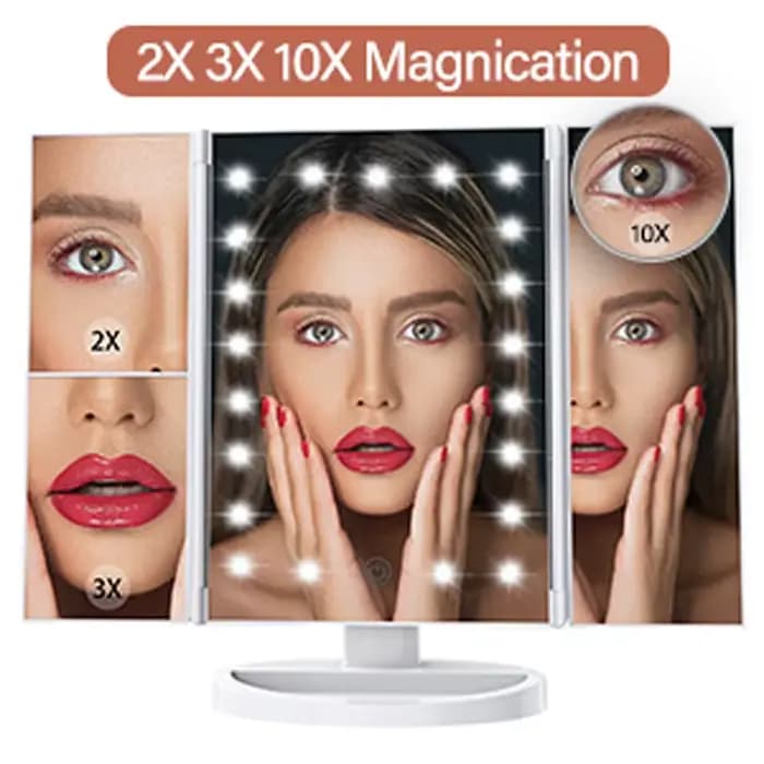 Miroir de courtoisie éclairé Triple pli 22 lumières LED écran tactile