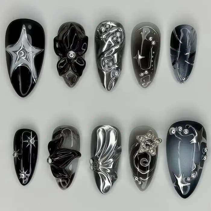 24 pièces faux ongles fille épicée arc argenté avec diamant