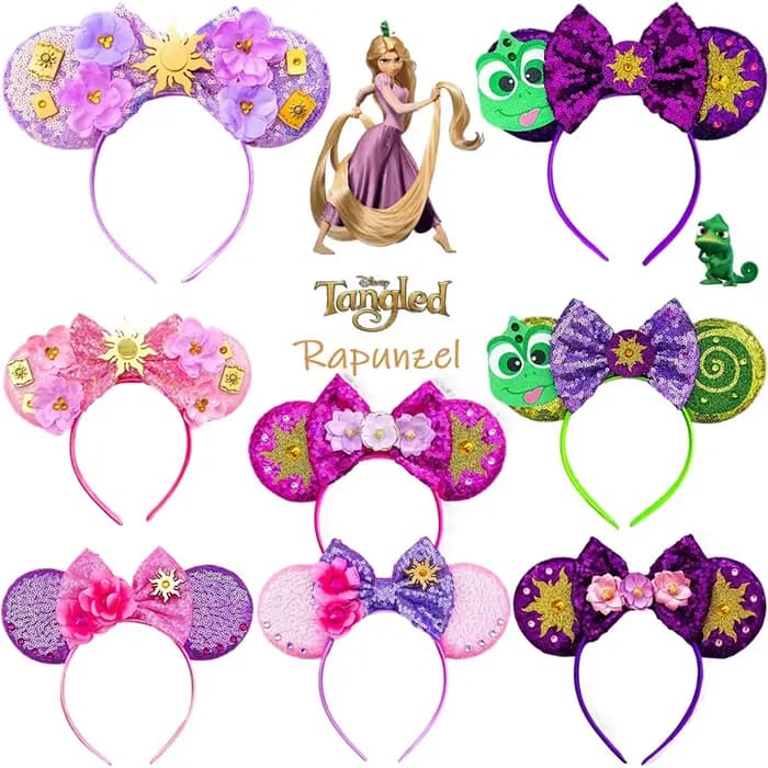 Accessoires de cheveux Disney raiponce pour filles, bandeaux caméléon oreilles de tournesol pour femmes, bandeaux emmêlés pour enfants, couvre-chef à nœud à paillettes
