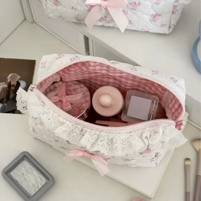 Petite trousse de maquillage en dentelle à fleurs roses pour femmes
