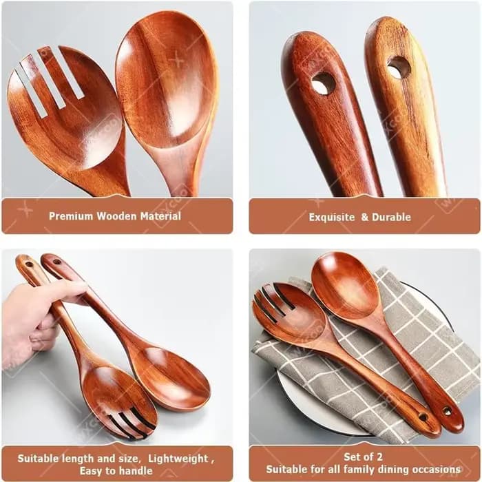 Cuillères à salade durables de 10 pouces, ensemble de couverts en bois d'acacia, mélangeur à salade, fourchette et cuillère, serviteurs à salade, ustensiles de cuisine, 2 pièces