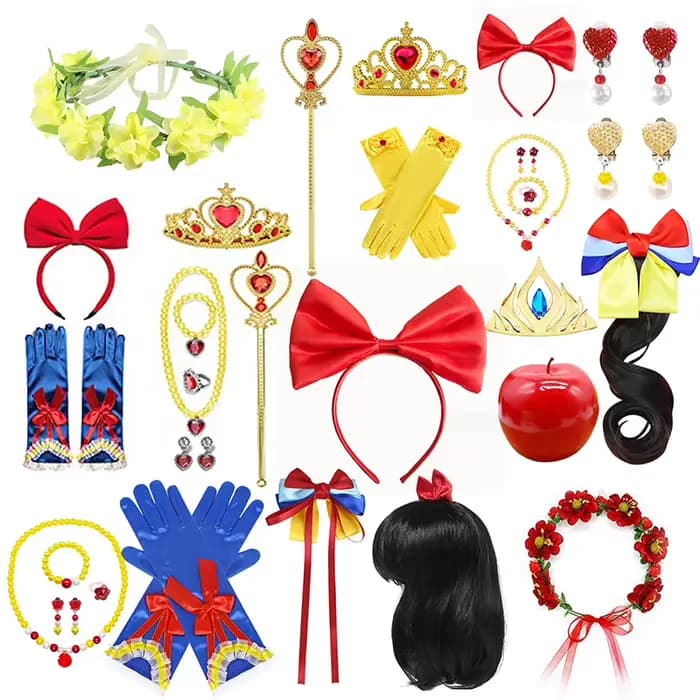 Princess Snow White New Accessories Headwear Crown Wand Glove Snow White Red Headband and Magic Wigs Set Role Play Props Hairpin