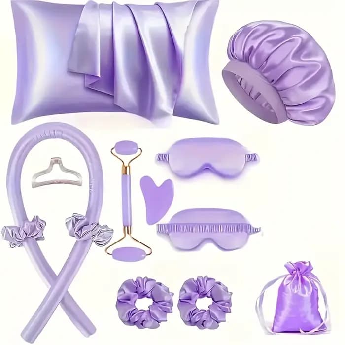 Kit de coiffure 4/12 pièces : Bigoudis en soie sans chaleur avec masque de nuit et bonnet de douche pour femmes et