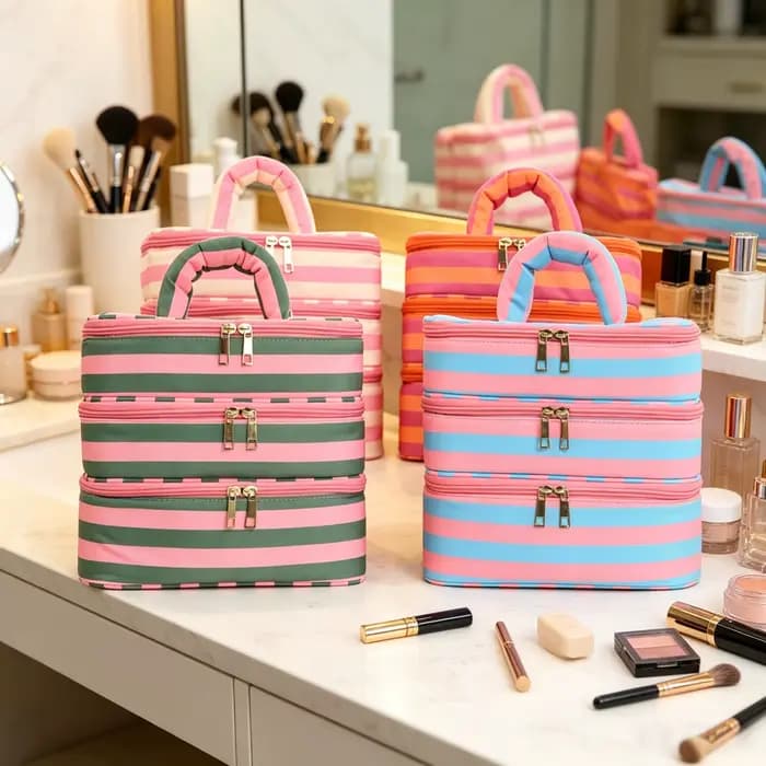 Grande trousse de maquillage à 3 couches avec poignée