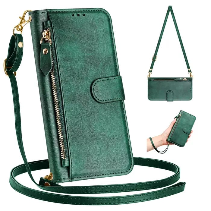 Étui à rabat à bandoulière pour OnePlus 13S 13T 13R 13 12 11 10 9 8T Multi 7 cartes, housse portefeuille de poche à fermeture éclair avec lanière en cuir rétro