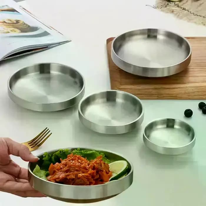 Assiette plate en acier inoxydable 201/304, bol à nouilles, assiette à dîner épaisse, assaisonnement pour la cuisine, vaisselle de Restaurant