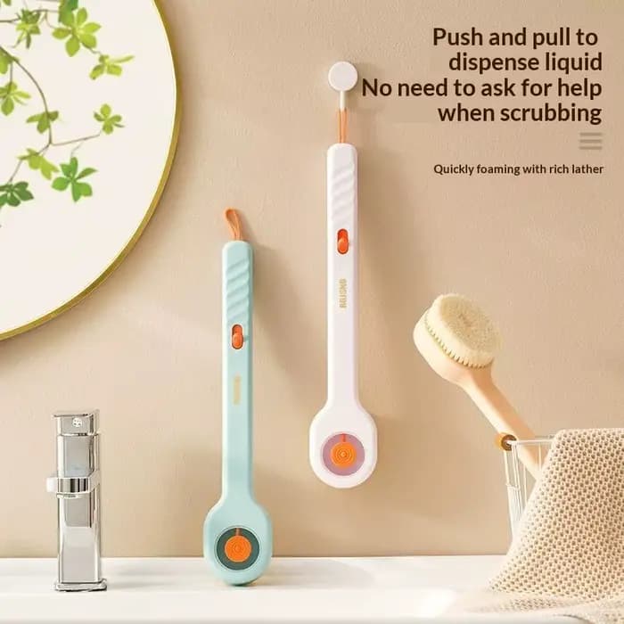 Brosse de bain à poils doux et manche long, distributeur de savon intégré, outil de nettoyage exfoliant pour la peau sous la douche