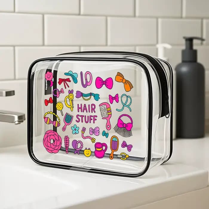 Trousse à cosmétiques transparente. Adorable design de cheveux pour les voyages