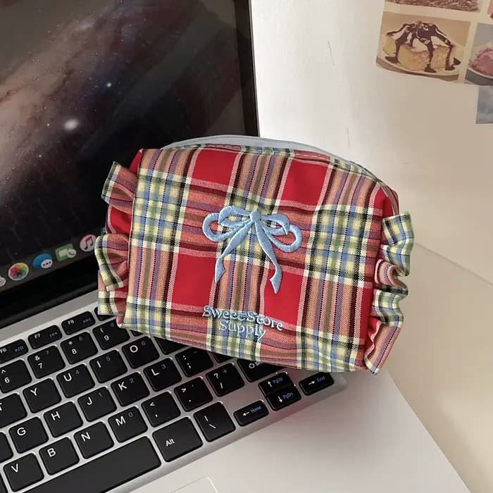 Kawaii sac cosmétique Plaid arc trousse de Maquillage mignon petit sac fille Style doux à volants