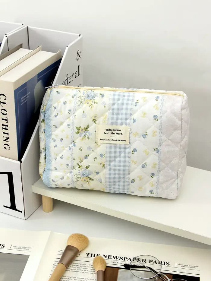 1 pièce/ensemble trousse de maquillage matelassée patchwork bleu