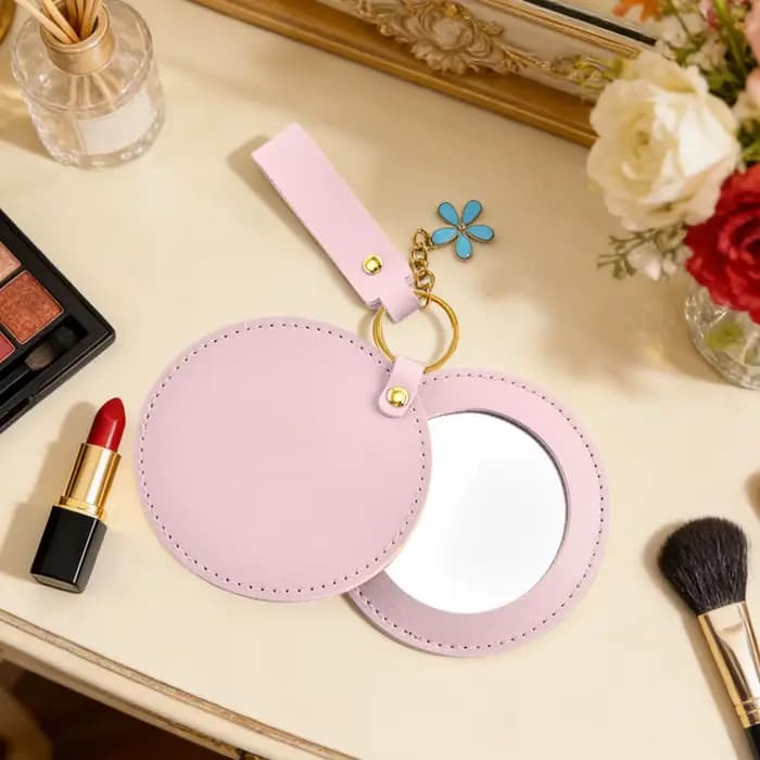 Miroir de maquillage rond en cuir PU