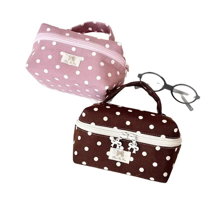 Sac de maquillage portable en tissu à pois Sweet In's avec couvercle rabattable