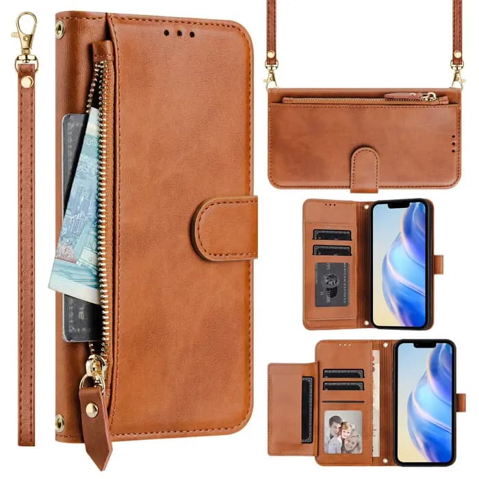 Étui à rabat à bandoulière pour OnePlus 13S 13T 13R 13 12 11 10 9 8T Multi 7 cartes, housse portefeuille de poche à fermeture éclair avec lanière en cuir rétro
