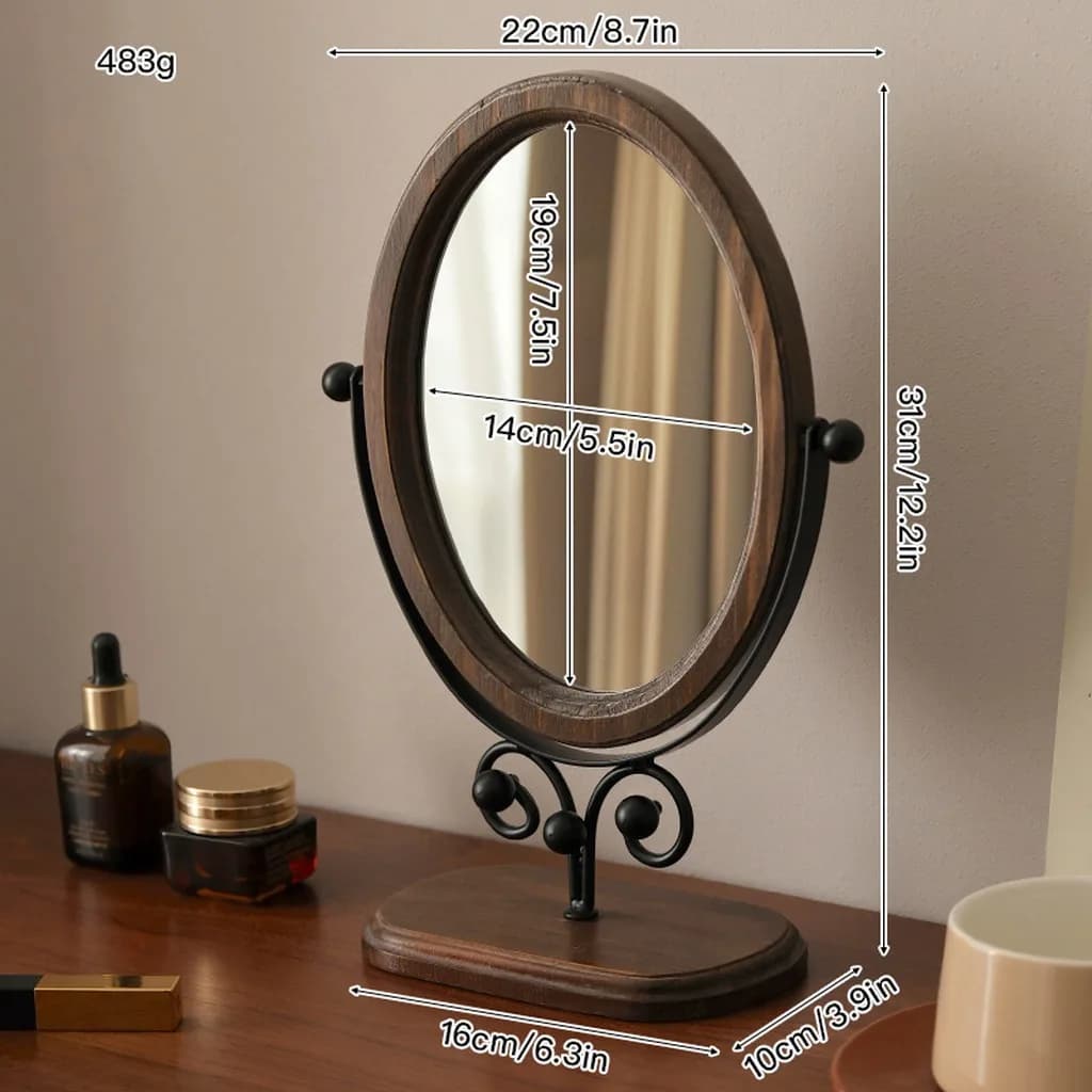 Miroir de maquillage de table haute définition avec cadre en bois, miroir de vanité ovale clair, idé
