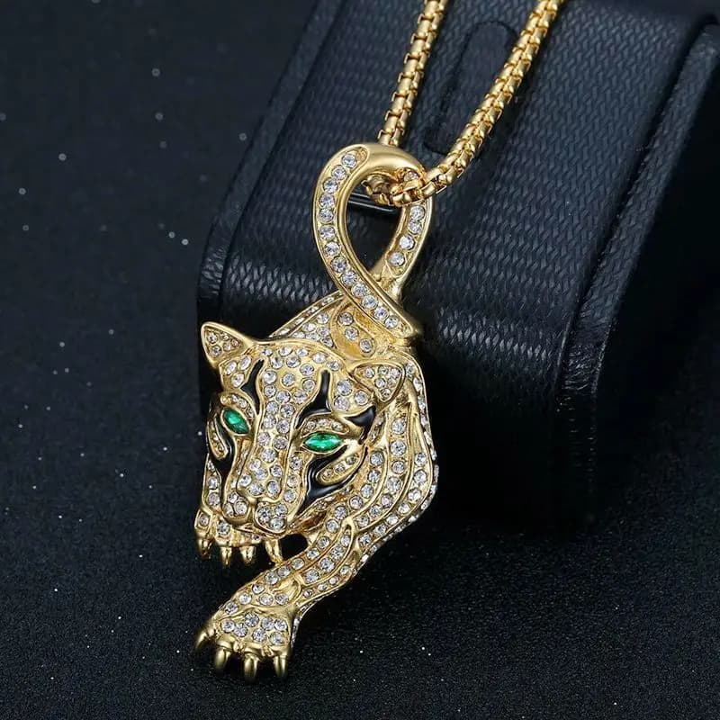 Pendentif Tête de Léopard en Acier Inoxydable Plaqué Or avec Strass Émaillés, Bijou Unisexe Tendance