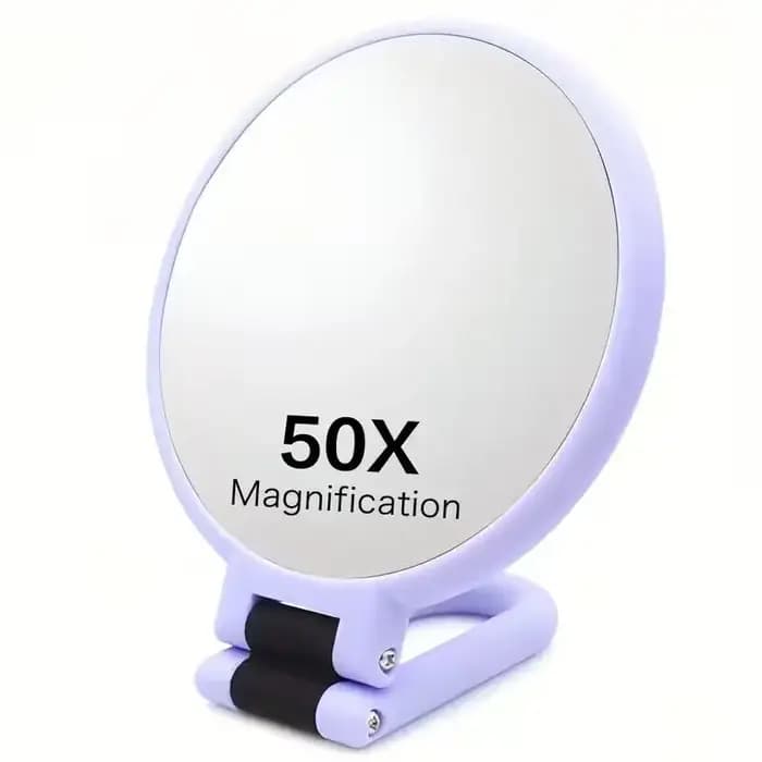 Miroir de maquillage grossissant 50X, miroir pliant double face à main, une face avec un grossissement 50X et l'autre face avec un miroir classique, poignée réglable rotative à 360 degrés, miroir de v