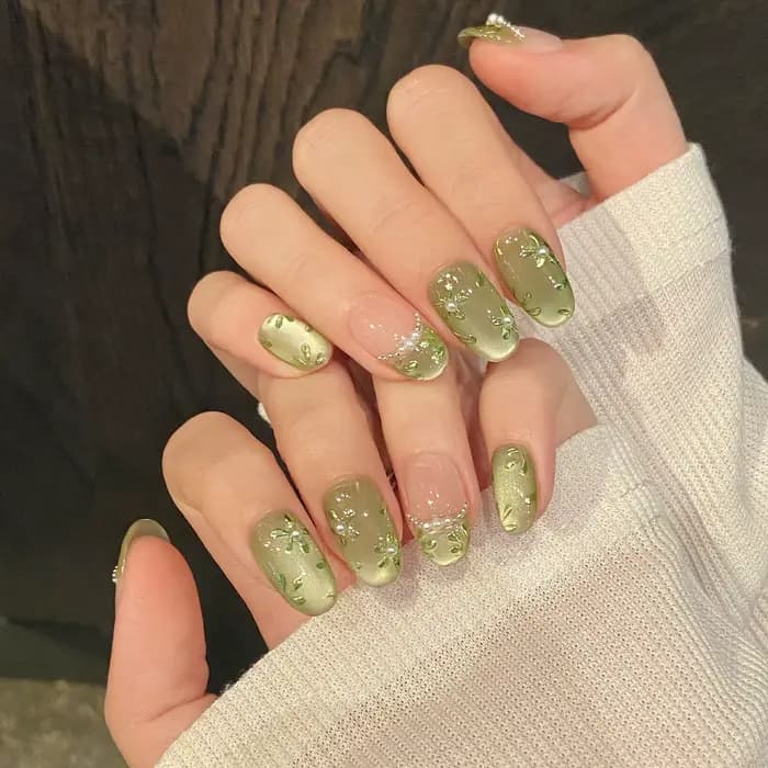 10 pièces presse à la main sur les ongles fleur verte imprimé tête ovale courte faux ongles portable