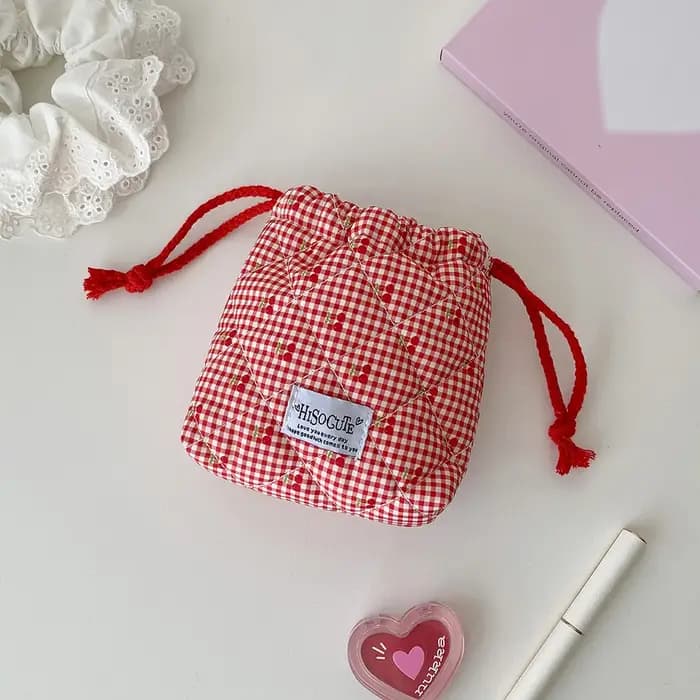 Trousse de maquillage matelassée en coton avec cordon de serrage