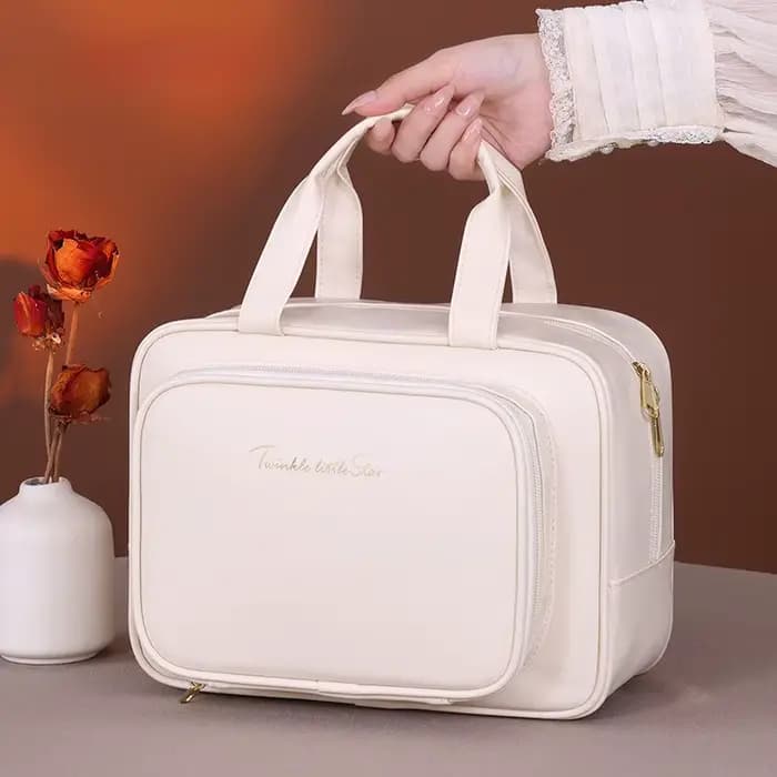 Trousse de maquillage de grande capacité pour femme – Organisateur cosmétique portable avec porte-brosse et poignée de
