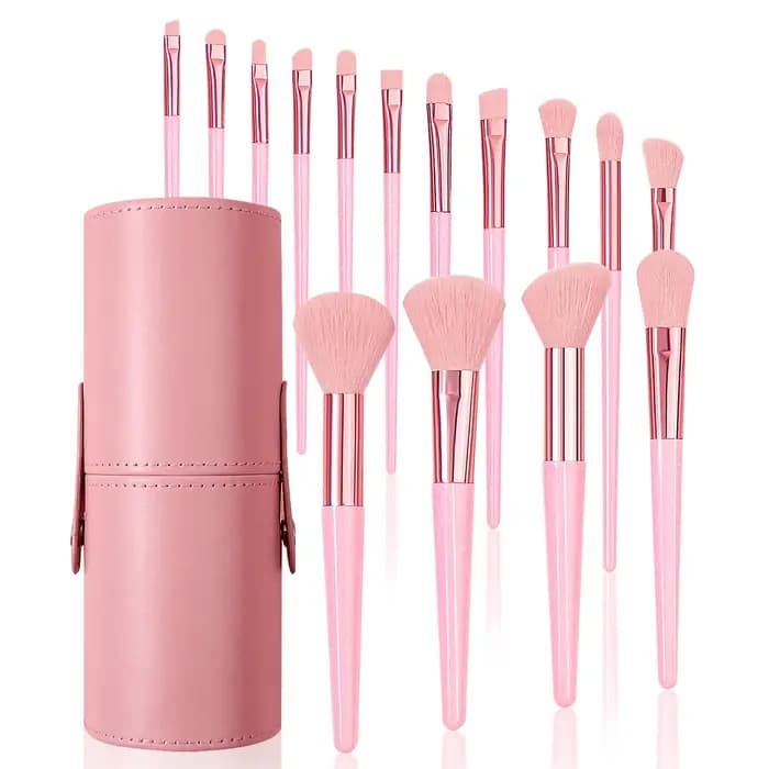 Ensemble de 15 pinceaux de maquillage roses avec baril de rangement