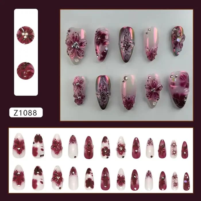 24 pièces fleur impression presse sur ongles vin rouge Blush amande faux ongles conseils portable ré