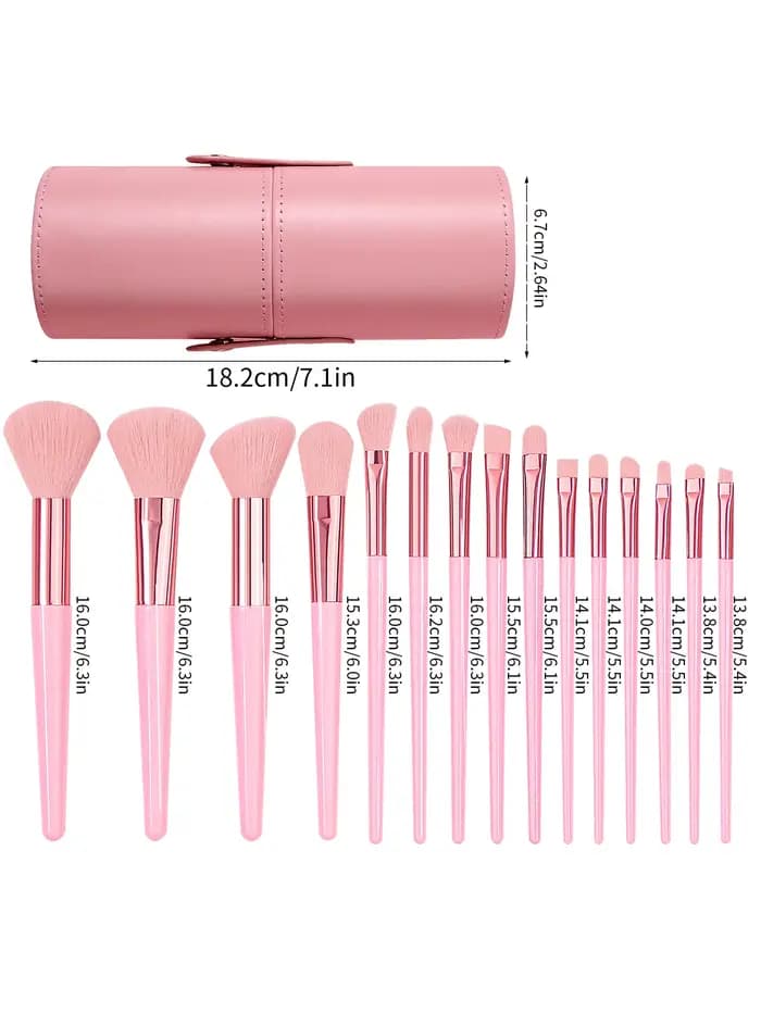 Ensemble de 15 pinceaux de maquillage roses avec baril de rangement