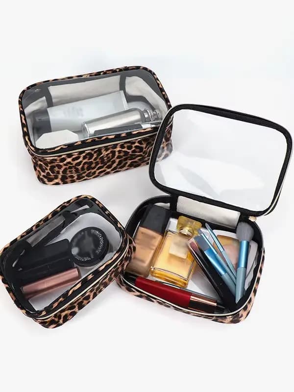 Trousse de maquillage transparente imprimé léopard – Organisateur de cosmétiques de voyage imperméable de grande