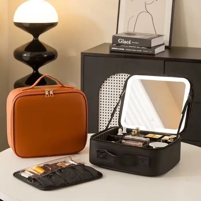 Trousse de maquillage portable grande capacité avec lumière LED et miroir, boîte de beauté professio