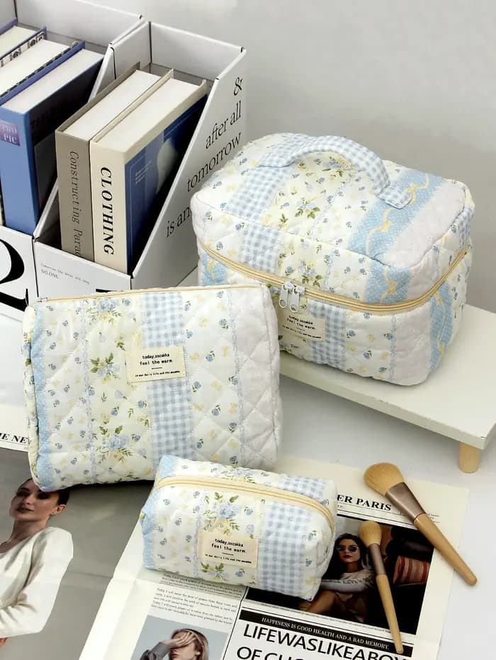 1 pièce/ensemble trousse de maquillage matelassée patchwork bleu