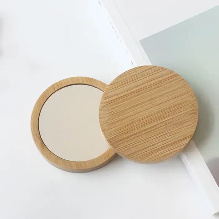 Mini Miroir de Maquillage Rond en Bois