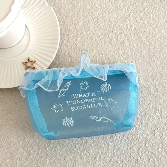Trousse de Maquillage en Tissu Oxford Bleu Brodé avec Bord Volanté