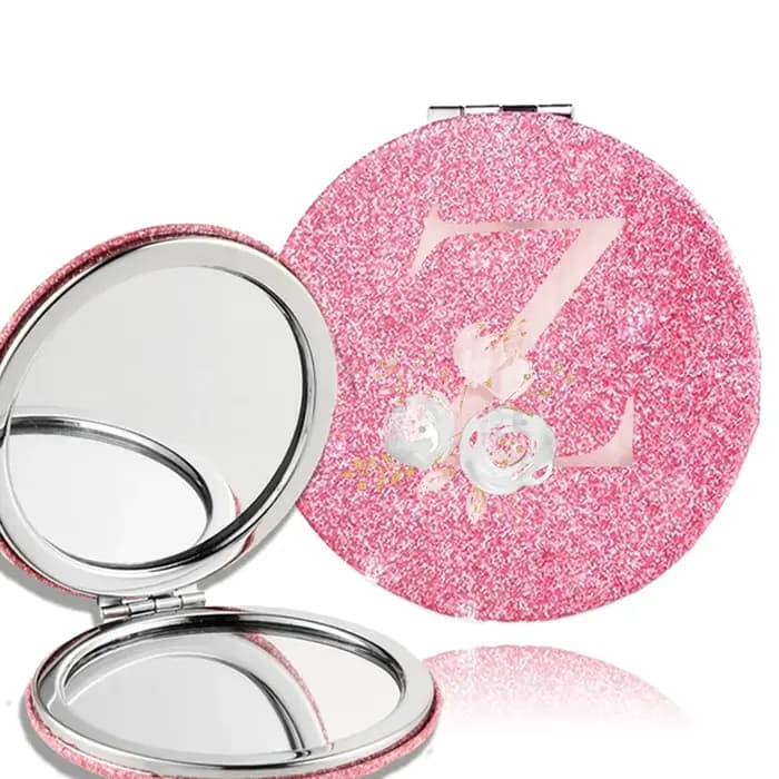 Miroir de maquillage portable et brillant à 2 faces en PU, miroir de poche grossissant, outil cosmétique pliant, motif de lettre de fleur rose, accessoires 03